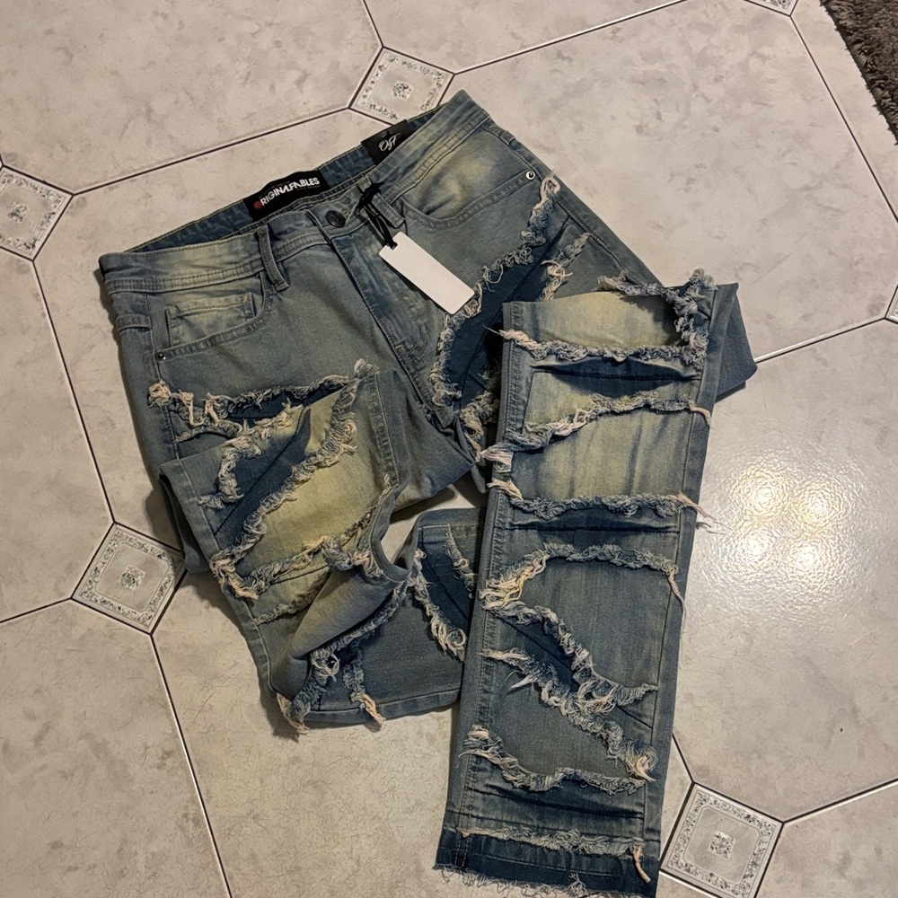 New Mix Distressed Skinny Jeans - Blue and Tan